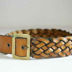 Vintage Braided Thick Leather Belt w Brass  Buckle
